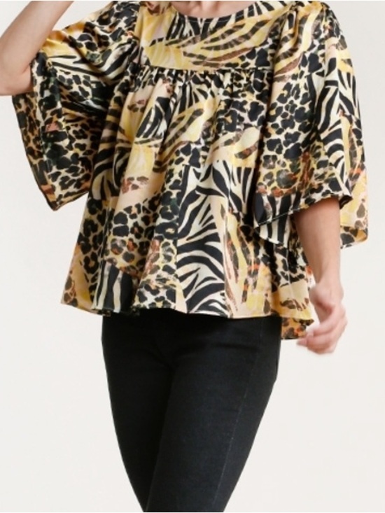 Umgee Tops - Umgee Mixed Animal Print Satin Boho Blouse Yellow Black Flutter Sleeve NEW